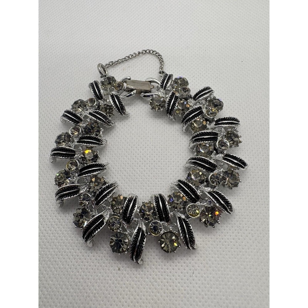 Vintage Rhinestone Leaf Bracelet Silver 6.5" Mid Century Design Retro‎ Glam